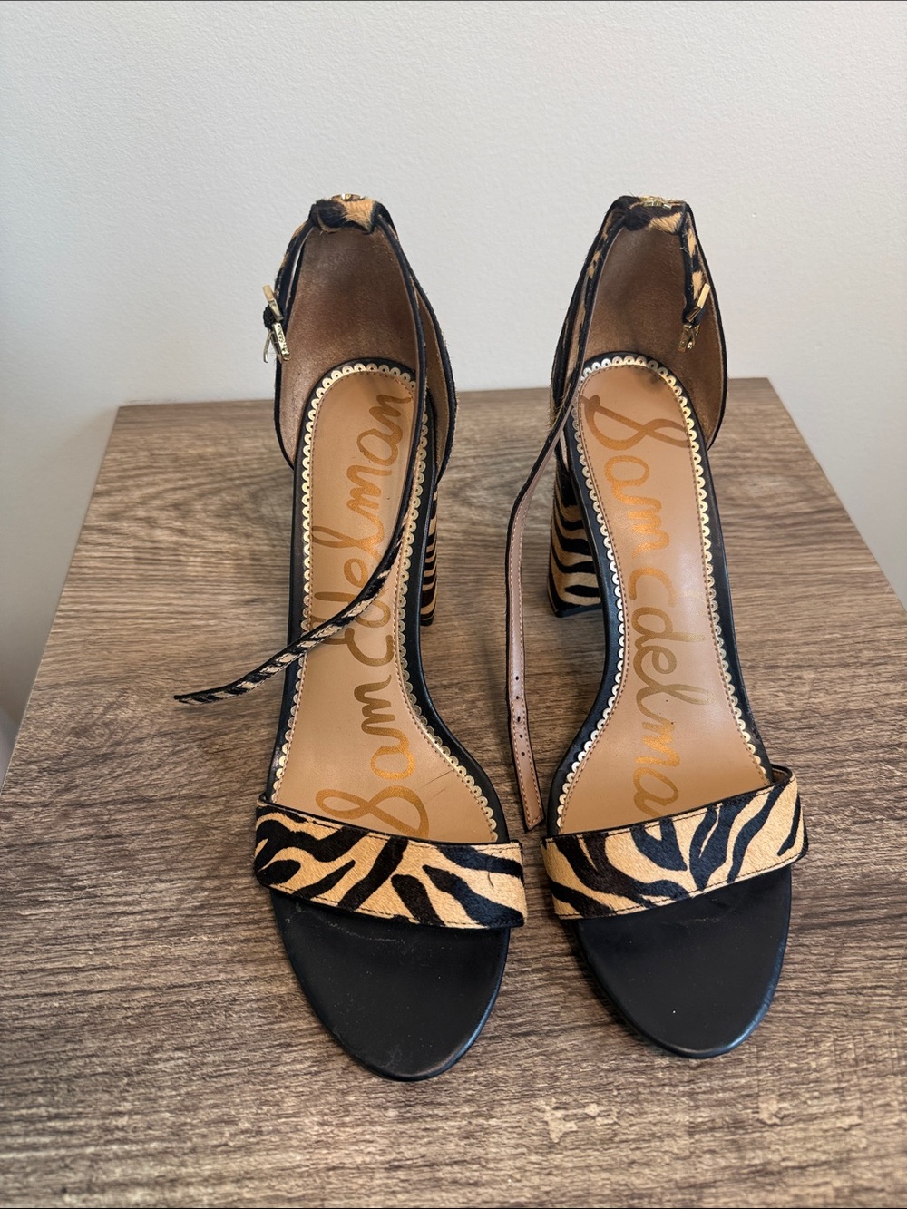 Sam Edelman Zebra-Print Ankle Strap Heels in Tan & Black